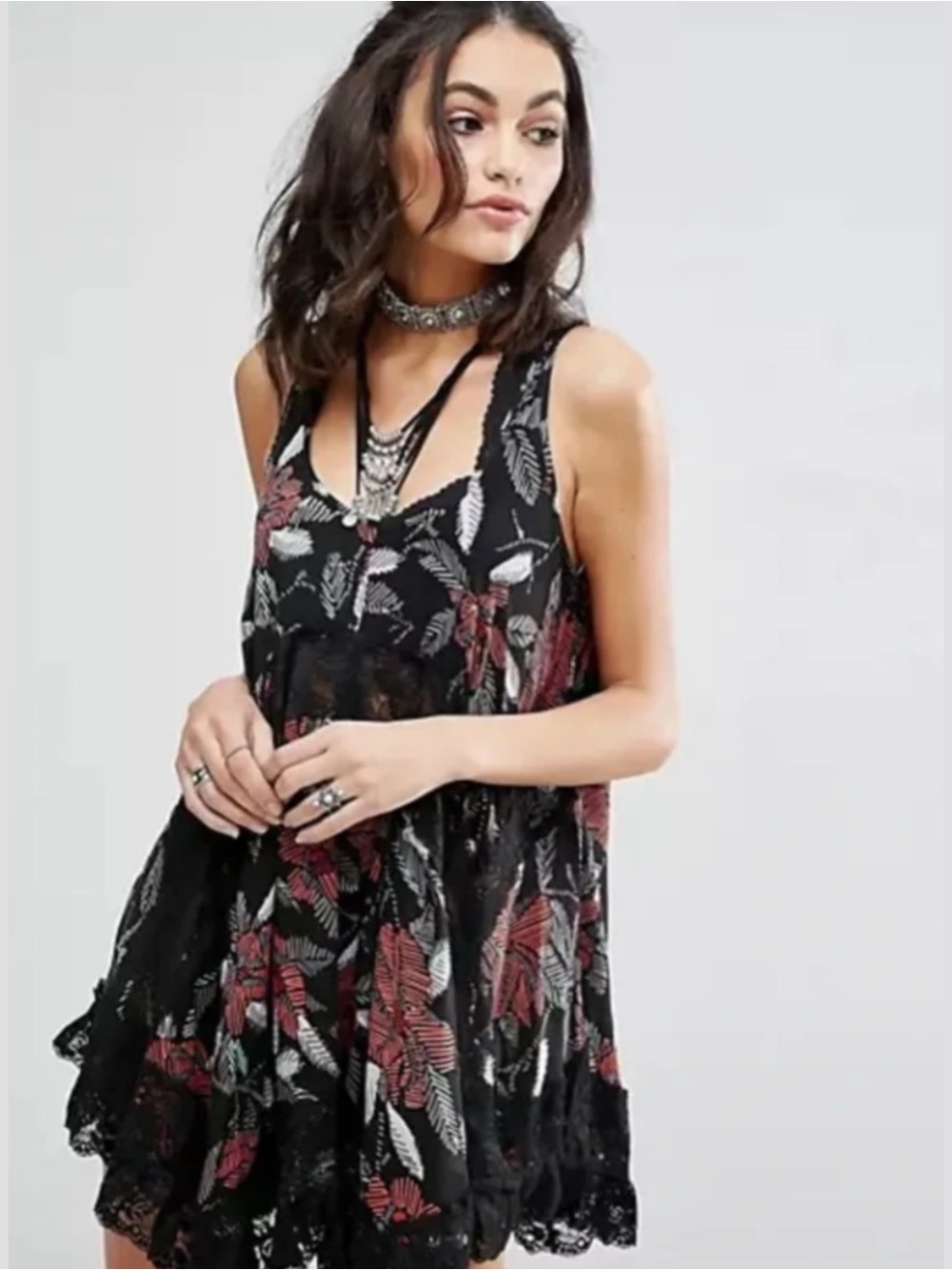 Free People Intimately She Swings Floral Lace Slip Dress Black Red Boho Medium